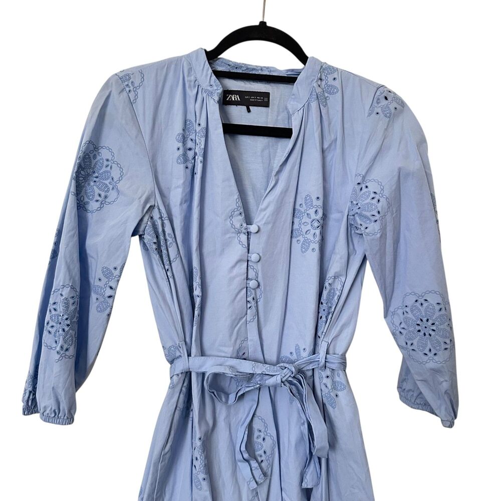 ZARA Floral Eyelet Belted Mini Dress Light Blue Small - Picture 4 of 5